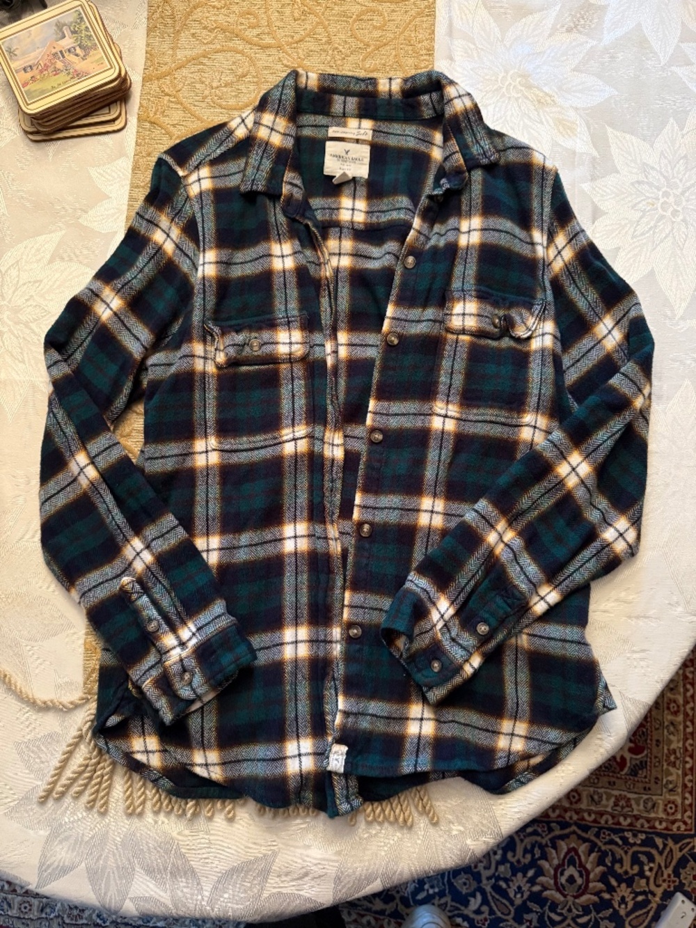American Eagle Outfitters Green Black White Plaid Button-Down Shirt